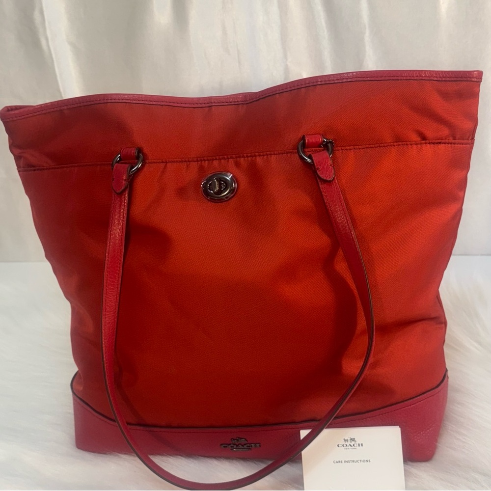 NWOT Coach Red Nylon and Leather Carryall Tote Bag with Pewter Hardware